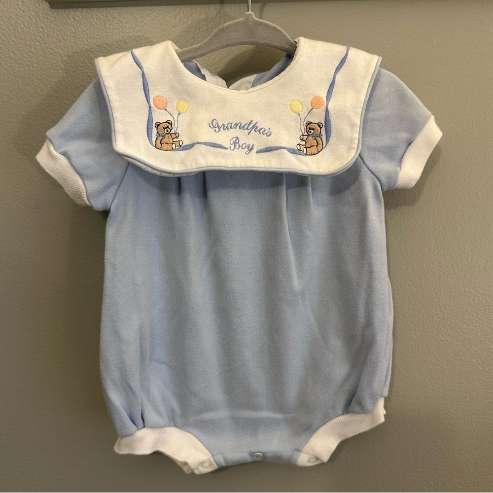 Vintage 90s Toddle Tyke Blue Bubble Romper – "Grandpa's Boy" Embroidered Design